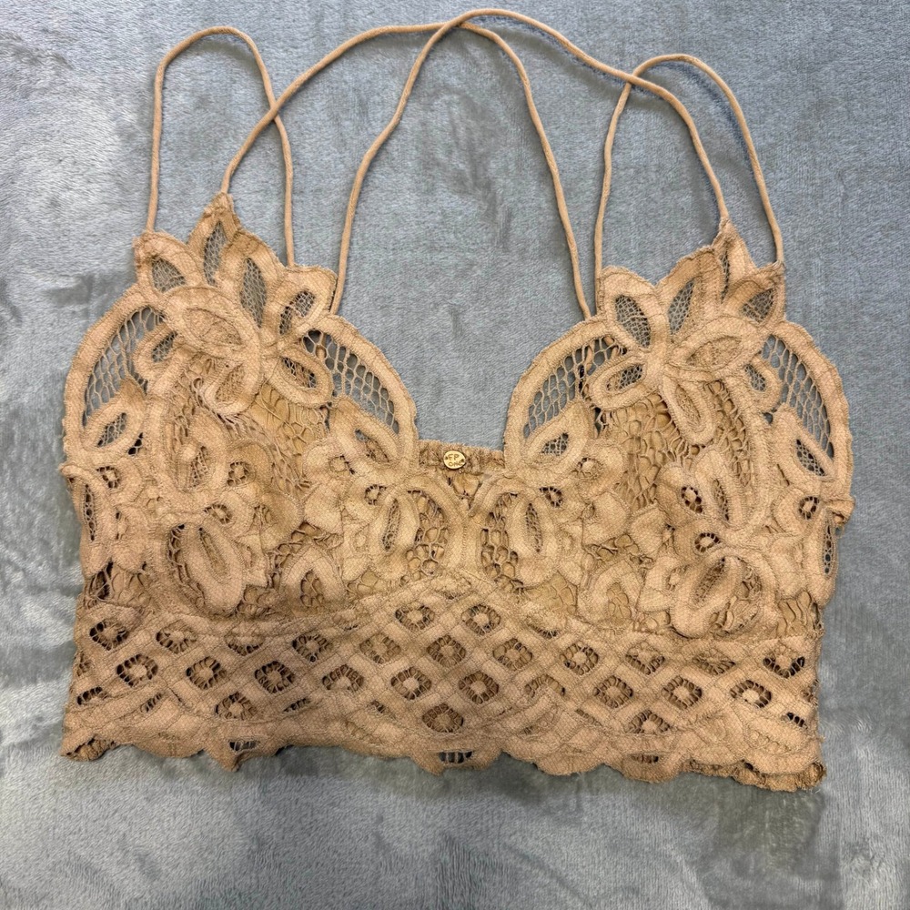 Free People FP One Adella Bralette Tan Nude Floral Lace Boho Strappy Bra Large - Picture 2 of 8